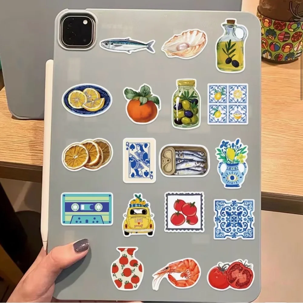 100 Mediterranean Stickers Summer Fruit Sardine Shells Tomato Lemons Italian - Picture 3 of 7